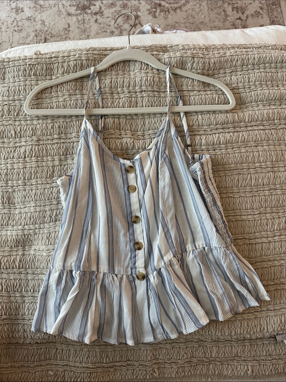 Striped Blue and White Button-Front Peplum Tank Top